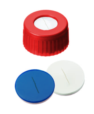 Picture of PP Short Thread Cap red, 6.0 mm centre hole, Silicone/PTFE slit septum